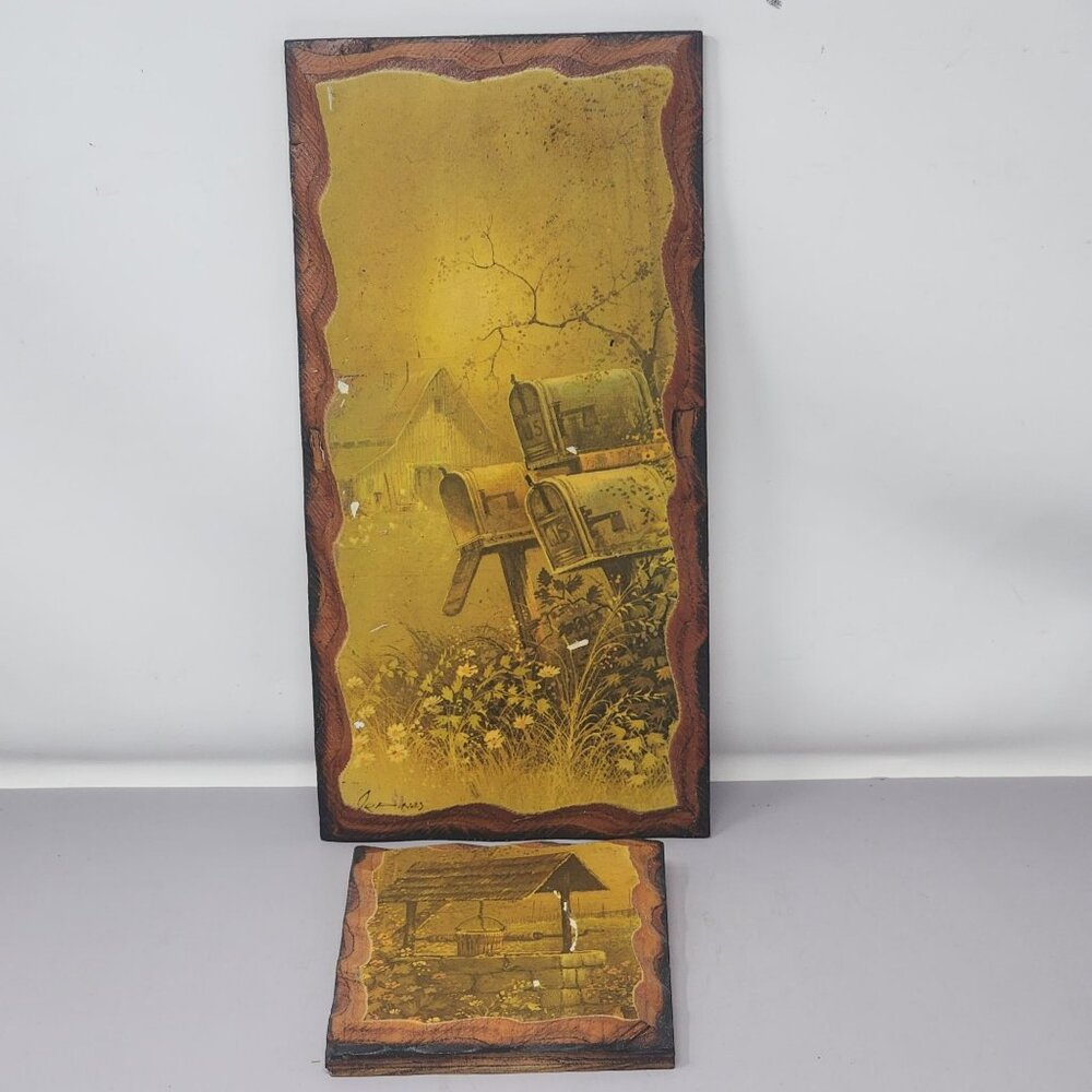Vintage Decoupage Country Rustic Mailbox & Barn Wood‎ Wall Plaque Art Set Of 2